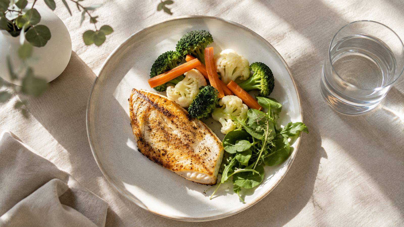 A simple plate of grilled fish and vegetables
